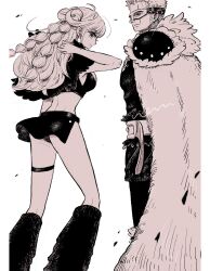 Rule 34 | 1boy, 1girl, belt, belt buckle, braid, breasts, buckle, cape, capelet, commentary request, crop top, debris, earrings, eye mask, feet out of frame, fur-trimmed capelet, fur trim, highres, jewelry, leg warmers, long hair, looking at viewer, looking back, medium breasts, miniskirt, nami (one piece), nami (one piece) (elbaf), nem edogawa, official alternate costume, official alternate hairstyle, one eye closed, one piece, panties, pants, pantyshot, pearl earrings, roronoa zoro, roronoa zoro (elbaf), scar, scar across eye, scar on face, short hair, shoulder pads, simple background, skirt, standing, thigh strap, underwear, upskirt, wavy hair, white background
