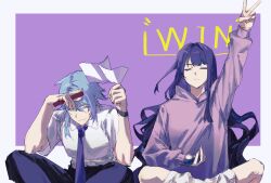1boy 1girl arm_up blue_hair blue_necktie blue_pants blunt_bangs bracelet chinese_commentary closed_eyes closed_mouth collared_shirt couple curly_hair english_text flag genshin_impact hair_between_eyes highres holding holding_flag hood hoodie indian_style jewelry kamisato_ayato kamisato_ayato_(heytea) leaning_forward light_smile long_sleeves mole mole_under_eye mole_under_mouth necktie nervous_sweating nintendo_switch official_alternate_costume pants playing_games purple_background purple_hair purple_hoodie purple_nails raiden_shogun raiden_shogun_(2nd_anniversary) shade shirt short_hair short_sleeves sitting socks sweat v victory_pose wavy_hair white_flag white_shirt white_socks zai_aoye_wo_shi_gou