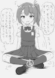 1girl :d absurdres blush collared_shirt commentary_request dress dress_shirt grey_background greyscale hair_ornament hairclip highres loafers looking_at_viewer monochrome open_mouth original pinafore_dress school_uniform shadow shirt shoes short_hair short_sleeves side_ponytail simple_background sitting sleeveless sleeveless_dress smile socks solo takasuma_hiro translation_request