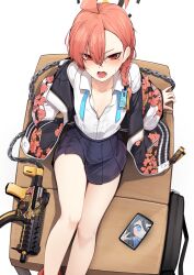 1girl ahoge aris_(blue_archive) arm_support bare_legs black_skirt blue_archive blue_ribbon braid breasts cellphone chain cleavage collared_shirt ddangbi eyes_visible_through_hair fang feet_out_of_frame floral_print from_above gun hair_behind_ear hair_between_eyes hair_over_one_eye halo highres jacket legs looking_at_viewer miniskirt mole mole_under_eye neck_ribbon neru_(blue_archive) open_clothes open_jacket open_mouth phone pleated_skirt print_jacket red_hair ribbon school_uniform shirt shirt_tucked_in short_hair side_braid sidelocks sig_mpx single_braid sitting skirt small_breasts smartphone solo submachine_gun sweatdrop tag teeth thighs undone_neck_ribbon v-shaped_eyebrows weapon white_background white_shirt