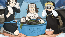 1boy 2girls :3 :o absurdres barefoot binoculars bird black_boots black_hair black_overalls black_scarf black_wetsuit boots brown_hat commentary crossed_arms diva_(hyxpk) donut_stamp duck english_commentary fish fish_tank grey_hair grey_sweater hat highres holding holding_binoculars king_penguin kneeling multicolored_hair multiple_girls orca_keeper_(diva) overalls penguin penguin_chick penguin_hat penguin_keeper_(diva) rubber_boots scarf sea_otter sea_otter_keeper_(diva) shirt short_hair smile springsuit streaked_hair sweater towel white_hair white_shirt zoo zookeeper zookeepers_(diva)