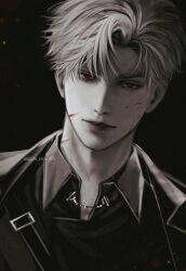 Rule 34 | 1boy, adam&#039;s apple, apple crow109, black background, black jacket, black shirt, blood, blood on face, collared shirt, eyes visible through hair, greyscale, hair over one eye, highres, jacket, looking at viewer, love and deepspace, male focus, monochrome, nose, parted bangs, parted lips, portrait, red eyes, shirt, short hair, simple background, solo, spot color, sylus (love and deepspace), white hair