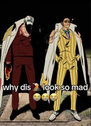 2boys absurdres angry black_footwear black_hair borsalino_(kizaru) crying_emoji emoji english_text face_in_shadow facial_hair fire formal_clothes full_body glaring goatee highres looking_at_viewer male_focus mature_male meme multiple_boys night one_piece outdoors pants photo_background puffer_fluffer pyrokinesis sakazuki_(akainu) shadow short_hair side-by-side sparkle suit why_dis_ninja_look_so_mad_(meme) yellow_suit