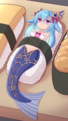 1girl blue_hair bound dress emil_chronicle_online empty_eyes food frilled_dress frills frustrated hair_ornament hair_ribbon highres horns long_hair lorelei_lore makizushi mermaid monster_girl nori_(seaweed) omelet on_food plate purple_eyes red_ribbon ribbon rice rna0 sushi tamagoyaki tied_up_(nonsexual)
