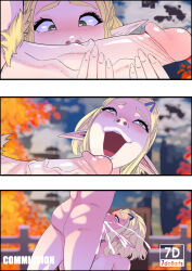 1boy 1girl absurdres blonde_hair blonde_pubic_hair completely_nude cum cum_in_mouth deepthroat fellatio highres kpop_demon_hunters neodibujantee_(7_dolls) nintendo nude open_mouth oral penis_awe princess_zelda scene_reference short_hair the_legend_of_zelda the_legend_of_zelda:_tears_of_the_kingdom upper_body