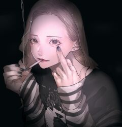 Rule 34 | 1girl, absurdres, aegyo sal, black background, black eyes, black nails, black shirt, blonde hair, cigarette, commentary request, earrings, eyelashes, forehead, hand up, highres, jewelry, layered sleeves, lipstick, long hair, long sleeves, looking at viewer, makeup, mano aaa, middle finger, mouth hold, nail polish, nose, original, parted bangs, print shirt, red lips, ring, shirt, short over long sleeves, short sleeves, sleeves past wrists, smoke, smoke trail, smoking, solo, stud earrings, t-shirt, upper body