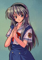 Rule 34 | 1990s (style), 1girl, blue background, blue eyes, blue skirt, clannad, grey hair, highres, hikarizaka private high school uniform, long hair, longmei er de tuzi, looking at viewer, own hands together, retro artstyle, sakagami tomoyo, school uniform, shirt, skirt, smile, solo, white shirt