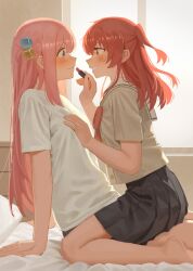 2girls applying_lipstick applying_makeup barefoot blue_eyes blush bocchi_the_rock! brown_shirt commentary_request gotoh_hitori grey_skirt highres indoors kita_ikuyo long_hair milktea_(gggrrr2000) multiple_girls necktie open_mouth pink_hair pleated_skirt red_hair red_necktie school_uniform serafuku shirt shuka_high_school_uniform sidelocks sitting skirt white_shirt yellow_eyes yuri