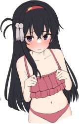 1girl 3: bare_arms bikini black_hair blush breasts bright_pupils cleavage closed_mouth collarbone commentary cowboy_shot crossed_bangs embarrassed flat_color flower frilled_bikini frills full-face_blush hair_between_eyes hair_flower hair_ornament hairband hands_up highres long_hair looking_at_viewer navel nijouin_hazuki one_side_up purple_eyes raised_eyebrows red_bikini red_hairband riddle_joker sidelocks simple_background small_breasts solo straight_hair swimsuit tassel tassel_hair_ornament tft_(tft7822) tsurime very_long_hair white_background yellow_flower