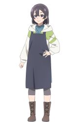 1girl apron black_apron black_hair blue_shirt boots brown_boots closed_mouth collared_shirt full_body genjitsu_no_yohane green_jacket hand_on_own_hip highres hood hooded_jacket jacket long_sleeves love_live! love_live!_sunshine!! official_art open_clothes open_jacket purple_eyes shirt short_hair simple_background smile solo split_mouth standing tachi-e transparent_background tsuki_(genjitsu_no_yohane) watanabe_tsuki