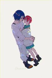 Rule 34 | 1boy, 1girl, amate yuzuriha, aqua eyes, artist name, blue hair, blush, collared shirt, colored inner hair, commentary, full body, gundam, gundam gquuuuuux, hetero, highres, hug, looking at another, multicolored hair, necktie, noah (livas), pants, purple hair, red eyes, red hair, school uniform, shirt, shoes, short hair, shuji ito, simple background, skirt, smile, standing, sweater, twitter username, two-tone hair, white background, white shirt