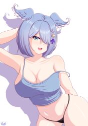 1girl :d absurdres aqua_eyes arm_behind_back arm_behind_head armpits artist_name bare_arms bare_shoulders black_panties blue_camisole blue_hair blue_wings bob_cut breasts camisole cleavage collarbone cowboy_shot diamond-shaped_pupils diamond_(shape) drop_shadow elira_pendora hair_ornament hair_over_one_eye hairclip head_wings highleg highres large_breasts latex latex_panties leaning leaning_to_the_side lingerie long_bangs looking_at_viewer micro_panties navel nijisanji nijisanji_en one_eye_covered open_mouth panties parted_bangs short_hair signature simple_background skindentation sleeveless slit_pupils smile solo spaghetti_strap stomach straight_hair strap_slip swept_bangs symbol-shaped_pupils thick_thighs thighs thong underwear virtual_youtuber vlack white_background wide_hips wings x_hair_ornament