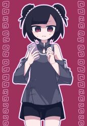 1girl agpgwm bare_shoulders black_hair black_shorts blunt_bangs cellphone chinese_clothes cowboy_shot detached_sleeves double_bun grey_shirt hair_bun hair_ornament hair_scrunchie highres holding holding_phone meandros men-chan monmon_fanmoran_(vocaloid) phone red_background red_eyes scrunchie shirt short_hair shorts sleeveless sleeveless_shirt smartphone straight-on sweatdrop white_scrunchie worried