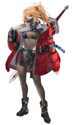 1girl black_skirt blonde_hair braid breasts fate/apocrypha fate_(series) full_body green_eyes half_up_braid highres jacket long_hair long_sleeves looking_at_viewer mask mordred_(fate) mordred_(fate/apocrypha) mouth_mask parted_bangs ponytail red_jacket scarf sidelocks skirt small_breasts solo tonee weapon white_scarf