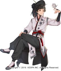 1boy alternate_hair_color bird bird_on_hand black_hair black_hat black_pants black_shoes brown_eyes commentary crossed_legs floral_print floral_print_kimono full_body hat hwansang_jungdog japanese_clothes kasel_(king&#039;s_raid) kimono king&#039;s_raid official_alternate_costume official_art pants print_kimono shoes short_hair simple_background sitting smile socks solo white_background white_kimono white_socks
