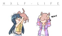 +++ 2girls :d ^_^ afterimage belt blue_hair brown_hair closed_eyes commentary_request copyright_name crossover drawstring half-life half-life_(series) headcrab holding hood hoodie idolmaster idolmaster_million_live! idolmaster_million_live!_theater_days kitakami_reika long_hair low_twintails multiple_girls navel nillis nonohara_akane open_clothes open_hoodie open_mouth outstretched_arms shirt short_hair sleeveless sleeveless_shirt smile sweater trembling twintails very_long_hair white_background yellow_shirt