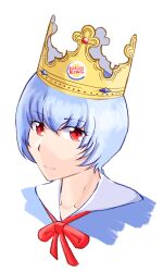1girl absurdres ayanami_rei blue_hair blue_shirt burger_king burger_king_crown cardboard collared_shirt crown highres light_smile neon_genesis_evangelion portrait radabacaxi red_eyes red_ribbon ribbon shirt short_hair simple_background smile solo white_background