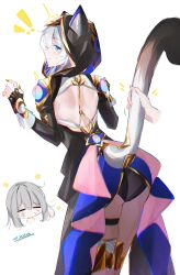 ! !! 2girls absurdres animal_ear_fluff animal_ears animal_hood ass back black_gloves black_leotard blue_eyes boots cat_ears cat_girl cat_hood cat_tail cipher_(honkai:_star_rail) commentary fingerless_gloves gloves gold_boots grey_hair highres honkai:_star_rail honkai_(series) hood leotard multiple_girls scratches short_hair_with_long_locks simple_background stelle_(honkai:_star_rail) tail tail_grab thighs trailblazer_(honkai:_star_rail) voi_271 white_background yellow_nails