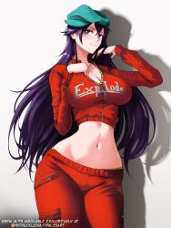 1girl artist_name bambietta_basterbine bleach bleach:_sennen_kessen-hen breasts female_focus hat highres large_breasts long_hair opalis paid_reward_available patreon_username purple_hair simple_background standing tagme thighs white_background