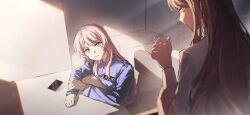 2girls absurdres bang_dream! bang_dream!_it&#039;s_mygo!!!!! blue_shirt brown_hair cellphone chihaya_anon chinese_commentary collared_shirt commentary_request dress_shirt grey_eyes highres long_hair long_sleeves multiple_girls muonrei00 nagasaki_soyo open_mouth phone pink_hair police police_uniform policewoman shirt sidelocks smartphone white_shirt