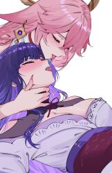 2girls absurdres animal_ears arnkun blush breasts cleavage closed_eyes clothing_cutout commentary earrings english_commentary floppy_ears fox_ears genshin_impact hand_around_neck highres japanese_clothes jewelry kimono large_breasts lying mole mole_under_eye multiple_girls on_back pink_hair pink_nails purple_hair purple_kimono purple_sash raiden_shogun saliva saliva_swap saliva_trail sash shoulder_cutout tongue tongue_out yae_miko yuri