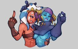 2girls abs ahsoka_tano alien arm_around_waist blue_eyes blue_gloves blue_skin breasts brown_gloves colored_skin fingerless_gloves gloves green_eyes grey_background large_breasts markydaysaid middle_finger multiple_girls orange_skin pantoran pinching_gesture purple_eyes riyo_chuchi simple_background star_wars togruta underboob upper_body