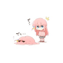 1girl ^^^ blue_eyes bocchi_the_rock! brown_shoes chibi colored_shadow cube_hair_ornament gotoh_hitori gotoh_hitori_(tsuchinoko) grey_skirt hair_between_eyes hair_ornament jacket long_hair long_sleeves melting one_side_up pants pants_under_skirt pink_hair pink_jacket pink_pants pleated_skirt puffy_long_sleeves puffy_sleeves rebecca_(keinelove) shadow shoes simple_background skirt sleeves_past_wrists standing track_jacket track_pants track_suit translation_request turn_pale very_long_hair white_background
