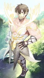 1boy abs antlers bara biceps brown_eyes brown_hair deer_antlers deer_boy eikthyrnir_(fire_emblem) fingerless_gloves fire_emblem fire_emblem_heroes gloves glowing_antlers highres horns ikura_(downdexp) large_pectorals looking_at_viewer male_focus mask mouth_mask muscular muscular_male nintendo pectorals short_hair solo