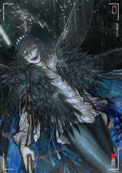 1boy absurdres au_(d_elete) black_hair blue_eyes evil_grin evil_smile fate/grand_order fate_(series) grin hair_between_eyes highres holding holding_scythe insect_wings looking_at_viewer male_focus oberon_(fate) oberon_(third_ascension)_(fate) open_mouth scythe short_hair smile solo wings