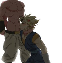 2boys blonde_hair blush closed_eyes colored_skin dragon_ball dragonball_z earrings fellatio gloves jewelry linisthename majin_buu male_focus multiple_boys muscular muscular_male oral pectorals penis pink_skin potara_earrings super_buu super_saiyan vegetto yaoi