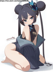 1girl absurdres barefoot black_coat black_dress black_eyes black_hair blue_archive breasts butterfly_hair_ornament china_dress chinese_clothes closed_mouth coat coat_partially_removed commentary double_bun dress full_body grey_halo hair_bun hair_ornament halo highres huge_filesize kisaki_(blue_archive) loli long_hair long_sleeves looking_at_viewer momobug22 seiza signature sitting sleeveless sleeveless_dress small_breasts solo twintails very_long_hair