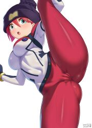 1girl amate_yuzuriha beanie black_gloves black_hat blush breasts cameltoe covered_navel gloves gluteal_fold green_eyes gundam gundam_gquuuuuux guriguri_(arayotto4351) hat highres large_breasts leg_lift leg_up long_sleeves looking_at_viewer open_mouth pants red_hair red_pants red_shirt shirt short_hair solo split standing standing_on_one_leg standing_split thighs tight_clothes tight_pants two-tone_shirt white_background white_shirt yoga_pants