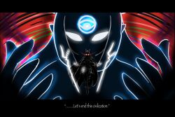 ankle_boots boots cape cloak corset dagger evangelion:_3.0+1.0_thrice_upon_a_time eyed_silhouette feather_hair_ornament feathers glowing glowing_eyes glowing_hands hair_ornament highres hololive hololive_english hood hooded_cloak kneehighs knife lance_of_longinus_(evangelion) lantern letterboxed nanashi_mumei nanashi_mumei_(1st_costume) neon_genesis_evangelion ninomae_ina&#039;nis pointy_ears rebuild_of_evangelion red_background silhouette single_kneehigh single_sock single_thighhigh size_difference socks spartanii121 subtitled tentacle_hair thighhighs third_eye virtual_youtuber weapon
