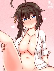 1girl ahoge artist_logo black_hair blue_eyes braid breasts cleavage collared_shirt dated dress_shirt gradient_background hair_flaps hair_over_shoulder heart kanon_(kurogane_knights) kantai_collection large_breasts logo long_hair looking_at_viewer no_panties open_clothes open_shirt out-of-frame_censoring pink_background shigure_(kancolle) shigure_kai_san_(kancolle) shirt single_braid smile solo spread_legs white_shirt