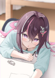1girl azki_(hololive) bent_over black_hair blue_shirt blurry blurry_background blush brass_knuckles breasts cleavage colored_inner_hair commentary day double-parted_bangs glasses hair_between_eyes hair_intakes hair_ornament hairclip highres holding holding_pen hololive indoors looking_at_viewer medium_breasts multicolored_hair open_mouth pen pink_hair pov purple_eyes seriponpoyon shirt sidelocks solo streaked_hair three-quarter_sleeves virtual_youtuber weapon white_hair