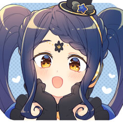 Rule 34 | 1girl, :d, bad id, bad pixiv id, black gloves, blue background, blue hair, blush, braid, braided bangs, garara s leep, gloves, hands on own cheeks, hands on own face, hands up, hat, head chain, headphones, idol clothes, idol time pripara, jewelry, long hair, looking at viewer, lowres, mini hat, n (m ohkamotoh), open mouth, portrait, pretty series, pripara, smile, solo, symbol-shaped pupils, twintails, yellow eyes