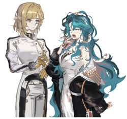2girls bare_shoulders blonde_hair blue_hair closed_eyes coat dress hissabeth ing_(ing205509) jacket long_hair looking_at_another multiple_girls pointer_(reverse:1999) reverse:1999 short_hair snake snake_on_head snake_wrapped_around_arm upper_body white_coat yawning yellow_eyes