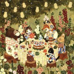 2025 animal animal_focus bear cake cat closed_mouth cup flower food fox fruit happy hedgehog holding holding_teapot no_humans open_mouth original outdoors pear pink_flower red_flower selynndraws sitting smile table teapot tree yellow_flower