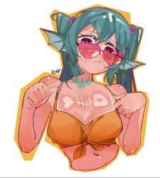 Rule 34 | 1girl, aqua hair, aqua nails, artist name, bare shoulders, blush, breasts, finana ryugu, heart, heart-shaped eyewear, highres, looking over eyewear, medium breasts, midriff, navel, nijisanji, nijisanji en, orange outline, outline, purple eyes, scales, shirt, shoulder blush, shrimpbimbab, signature, simple background, solo, spaghetti strap, sunburn, sunglasses, tan, tanline, tied shirt, twintails, virtual youtuber, white background