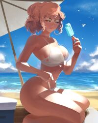 1girl adjusting_clothes adjusting_panties beach beach_umbrella bikini bird blonde_hair blue_eyes blue_sky breasts choker cloud cloudy_sky collarbone elliemaplefox feet_out_of_frame food hand_up highres holding holding_food holding_ice_cream ice_cream large_breasts looking_at_object navel ocean original panties parted_lips sidelocks sitting sky solo swimsuit thick_thighs thighs umbrella underwear white_bikini white_choker