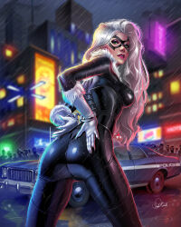 1girl ass black_bodysuit black_cat_(marvel) black_mask bodysuit breasts car city domino_mask douglas_bicalho felicia_hardy green_eyes highres large_breasts long_hair looking_at_viewer looking_back marvel mask motor_vehicle outdoors police_car rain signature solo spider-man_(series) standing white_hair
