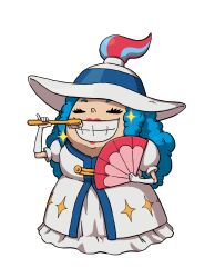 Rule 34 | 1girl, blue hair, closed eyes, dress, folding fan, full body, gloves, grin, hand fan, hat, highres, long dress, long hair, official art, pearly white, puffy short sleeves, puffy sleeves, short sleeves, smile, solo, sparkle, toothbrush, white dress, white gloves, white hat, youkai (youkai watch), youkai watch, youkai watch 3