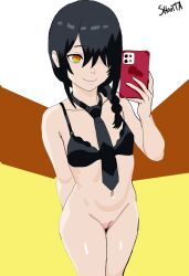1girl black_hair blue_hair bottomless chainsaw_man female_focus flat_chest highres loli navel nayuta_(chainsaw_man) necktie one_eye_covered pussy ringed_eyes selfie shouttakun smile solo tagme yellow_eyes