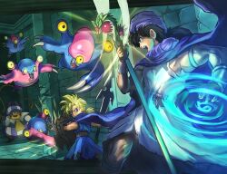 2boys 4others armlet asymmetrical_dual_wielding bandaged_leg bandages belt black_eyes black_hair blonde_hair bloodbonnet blue_eyes blue_skin blue_tunic bracer cape character_request child claws colored_sclera colored_skin commentary_request dragon_quest dragon_quest_v drooling dual_wielding dungeon father_and_son fighting goobonce hero&#039;s_son_(dq5) hero_(dq5) holding holding_shield holding_staff holding_sword holding_weapon holding_whip incoming_attack indoors jewelry looking_ahead looking_at_another looking_back low_ponytail magic male_focus maruo_yukihiro monster multiple_boys multiple_others muscular muscular_male necktie one-shoulder_tunic open_mouth parent_and_child pink_skin ponytail profile purple_cape purple_turban shield silver_armlet smile spiked_hair staff striped_clothes sword torn_clothes triclops tunic turban weapon white_tunic yellow_necktie yellow_sclera yellow_skin zenithian_sword