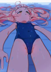 Rule 34 | 1girl, absurdres, bare arms, bare legs, bare shoulders, black one-piece swimsuit, blush, breasts, brown eyes, cameltoe, commentary, covered erect nipples, covered navel, hair spread out, highres, long hair, lying, new school swimsuit, on back, one-piece swimsuit, onii-chan wa oshimai!, oyama mahiro, partially visible vulva, pink hair, school swimsuit, small breasts, solo, strap slip, swimsuit, water drop, yana (muuimiingan)