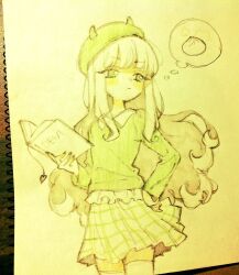 1girl steamed_bun beret book collared_shirt cowboy_shot demon_horns fake_horns food graphite_(medium) hand_on_own_hip hat holding holding_book horned_headwear horns itou_masako kurosu_aroma long_hair looking_to_the_side miniskirt monochrome open_book plaid_clothes plaid_skirt pretty_series pripara shirt skirt solo speech_bubble spoken_food standing thought_bubble traditional_media