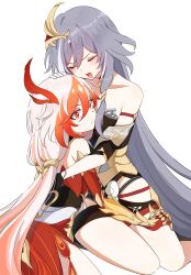 Rule 34 | 2girls, asymmetrical gloves, black gloves, closed eyes, commentary request, fu hua, fu hua (garuda), herrscher of sentience, gloves, grey hair, hair between eyes, highres, honkai (series), honkai impact 3rd, hug, long hair, mismatched gloves, multicolored hair, multiple girls, open mouth, red eyes, red hair, simple background, sitting, streaked hair, two-tone hair, very long hair, white background, white gloves, white hair, yudemame1027