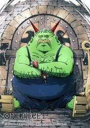 1boy blue_overalls blush_stickers bracelet closed_eyes colored_skin commentary_request copyright_name crossed_arms full_body gate geta giant green_skin highres horns jewelry male_focus nukadoko_mogera official_art one_piece one_piece_card_game overalls red_horns rokki sitting solo spiked_bracelet spikes tattoo