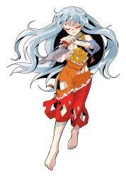 Rule 34 | 1girl, alphes (style), bare shoulders, barefoot, blush, breasts, cleaver, commentary request, dairi, defeat, detached sleeves, diamond (shape), diamond cutout, dress, frilled dress, frills, full body, grey hair, hair between eyes, highres, holding, large variant set, long hair, long sleeves, medium breasts, multicolored dress, orange dress, parody, red dress, red ribbon, ribbon, sakata nemuno, single strap, solo, style parody, tachi-e, torn clothes, touhou, transparent background, variant set, wide sleeves, yellow dress