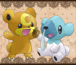 Rule 34 | acorn, black eyes, claws, commentary request, cubchoo, facial mark, forehead mark, gen 2 pokemon, gen 5 pokemon, nintendo, no humans, open mouth, pokemon, pokemon (creature), sitting, smile, snot, standing, teddiursa, yellowpikachu